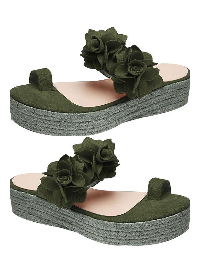 Flowers Detail Toe Loop Wedge Sandals Green/Beige 