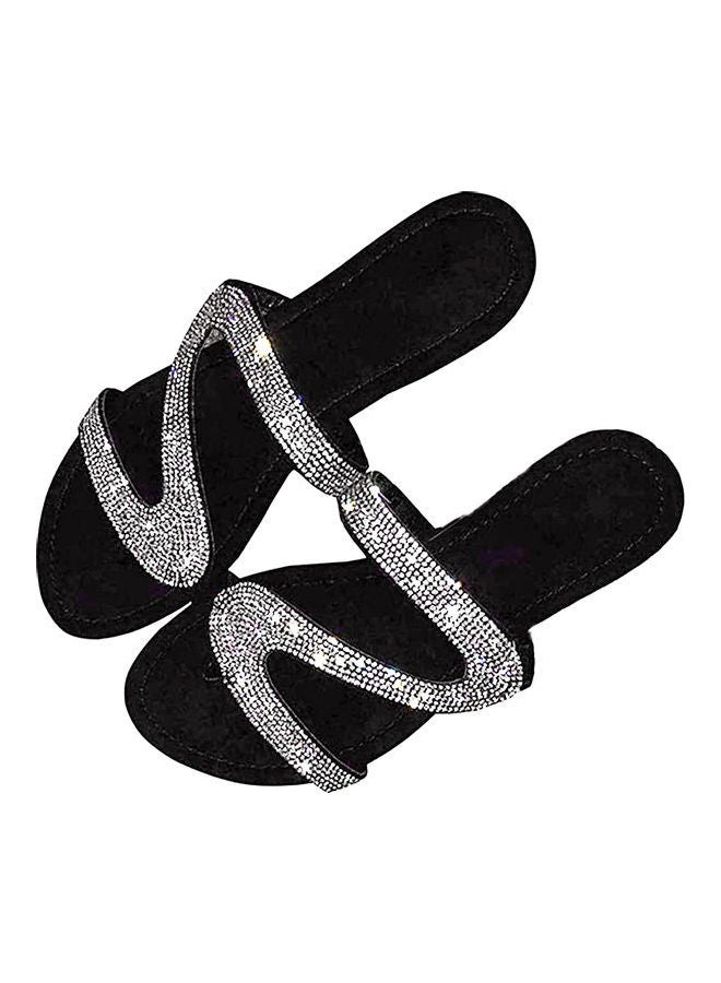 Women Fashion Rhinestone Inlaid Anti-Slip Slippers Silver/Black 