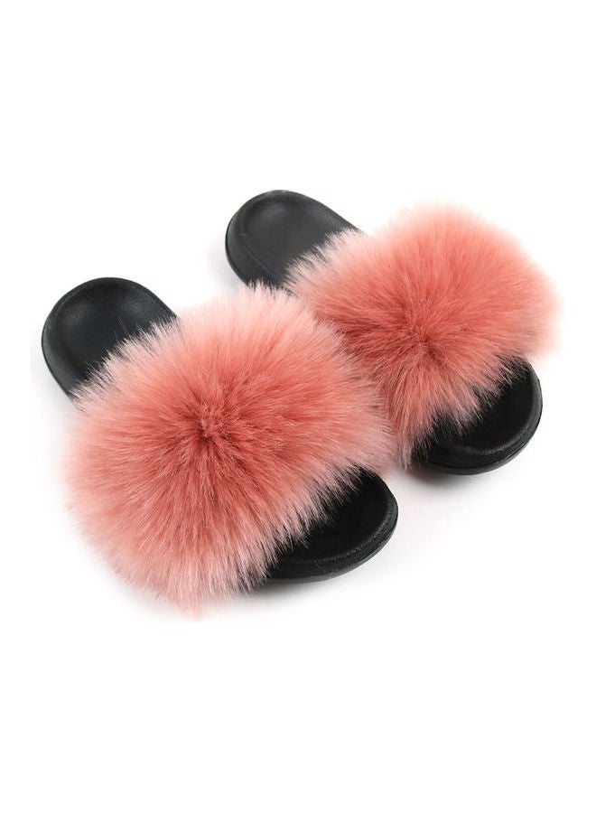 Generic Stylish Women Faux Fur Open Toe Flat Slippers Pink/Black 