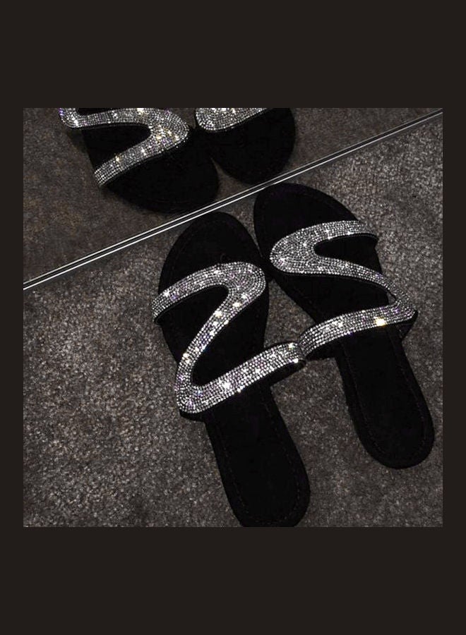 Women Fashion Rhinestone Inlaid Anti-Slip Slippers Blue/Black - Image 2