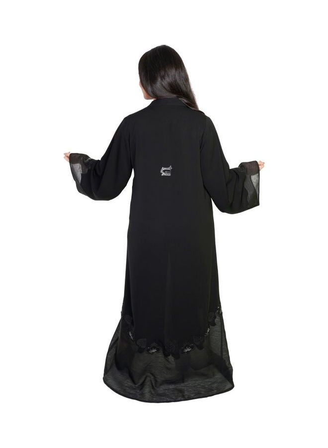 Crepe Fabric with Chiffon and Embroidery Hand Work Abaya Black - Image 3