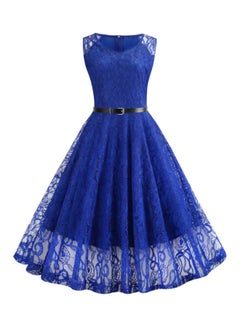 Lace Round Neck Belt Sweet Elegant Dress Blue