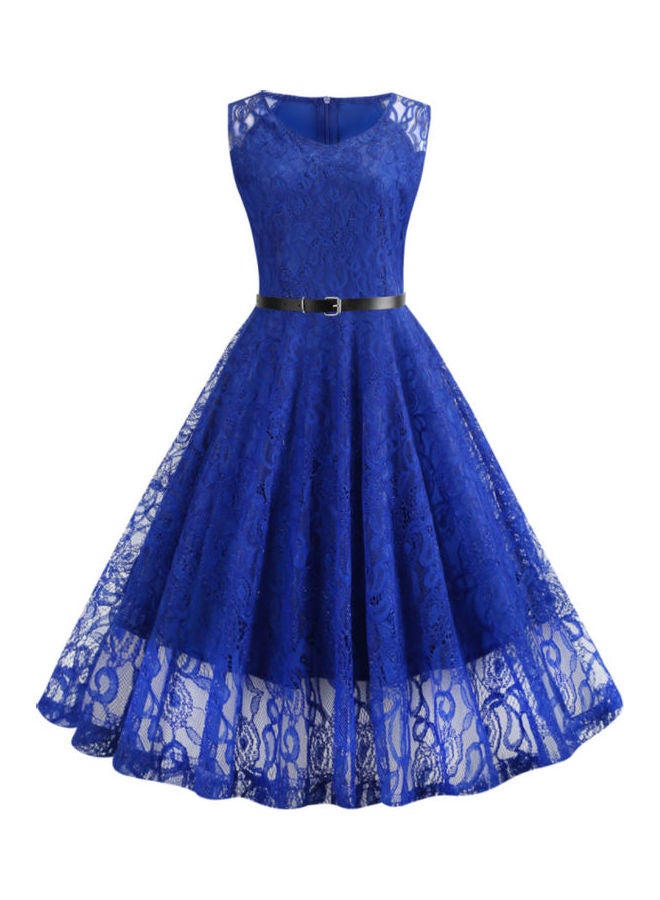 OUTAD - Lace Round Neck Belt Sweet Elegant Dress Blue - Image 1