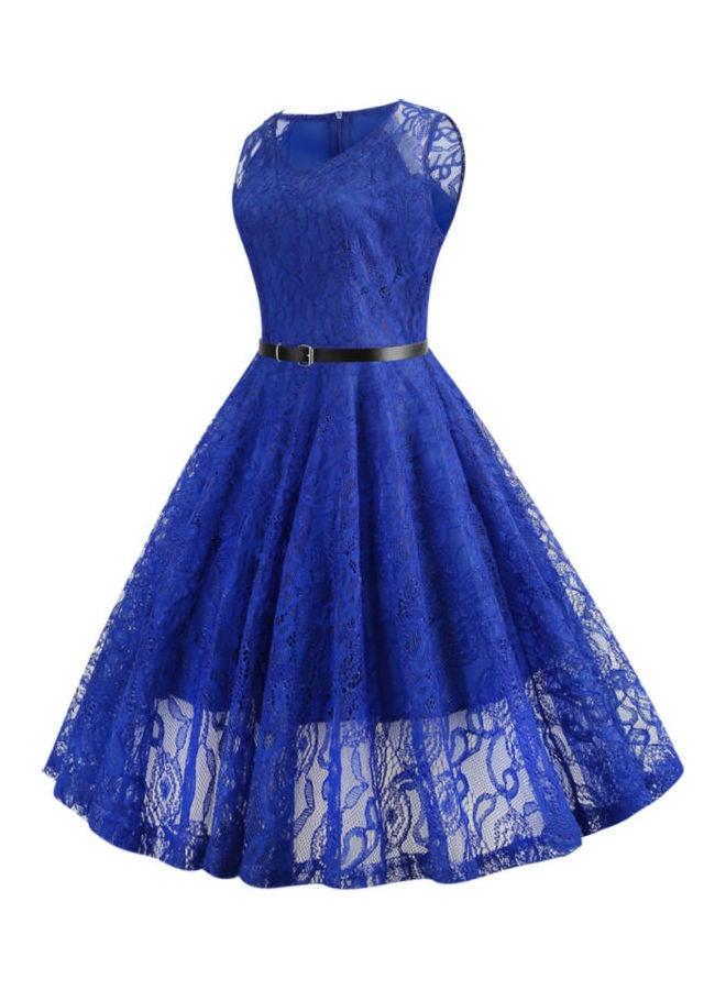 OUTAD - Lace Round Neck Belt Sweet Elegant Dress Blue - Image 1