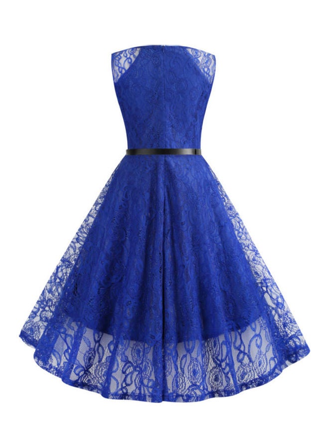 OUTAD - Lace Round Neck Belt Sweet Elegant Dress Blue - Image 1