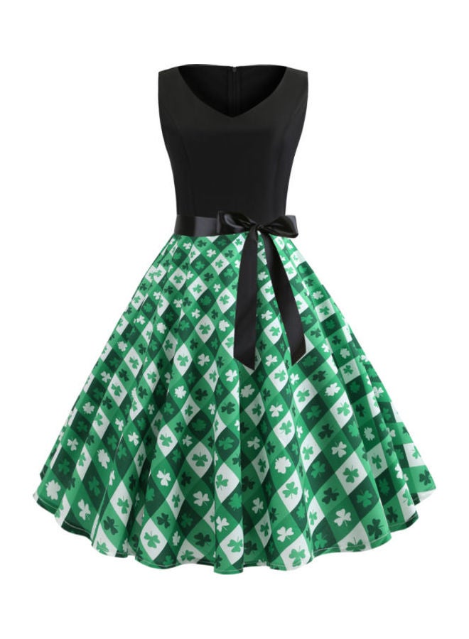 أوتاد فستان أنيق مزين بطبعة عصرية أخضر/ أسود - Image 1