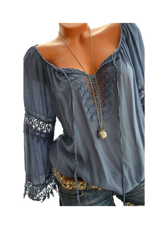 Autumn Elegant Hollow Lace Stitching Solid Color Women Long Sleeve Shirt Top Grey