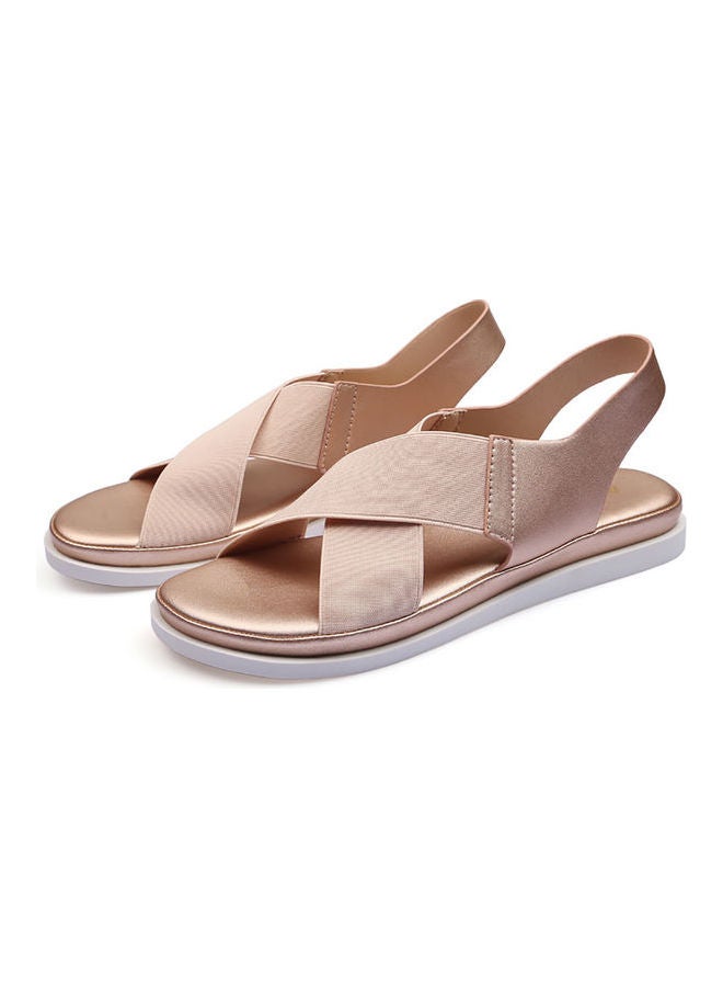 Women Summer Cross Strap Stretchy Flat Non Slip Open Toe  Shoes Beige 