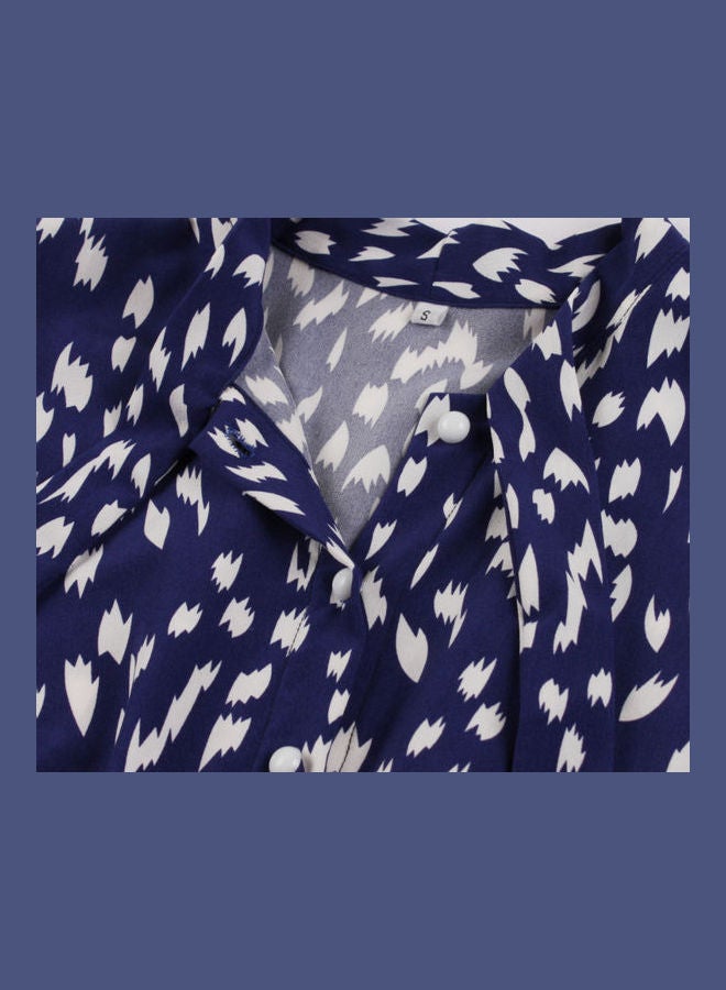 أوتاد فستان أنيق برباط ومزين بطبعة وبكسرات أزرق/ أبيض - Image 3