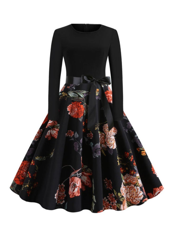 OUTAD Fashionable Floral Print Dress Black - Image 1