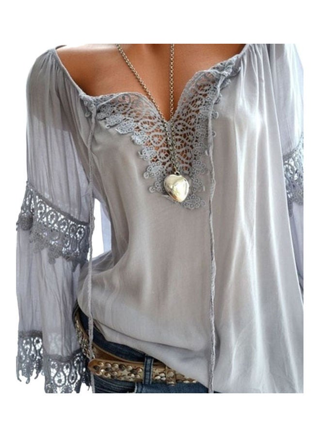 Autumn Elegant Hollow Lace Stitching Long Sleeve Top Grey