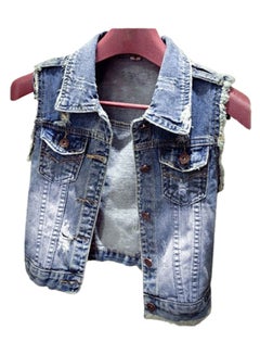 Casual Lapel Jeans Short Style Denim Vest Denim Blue