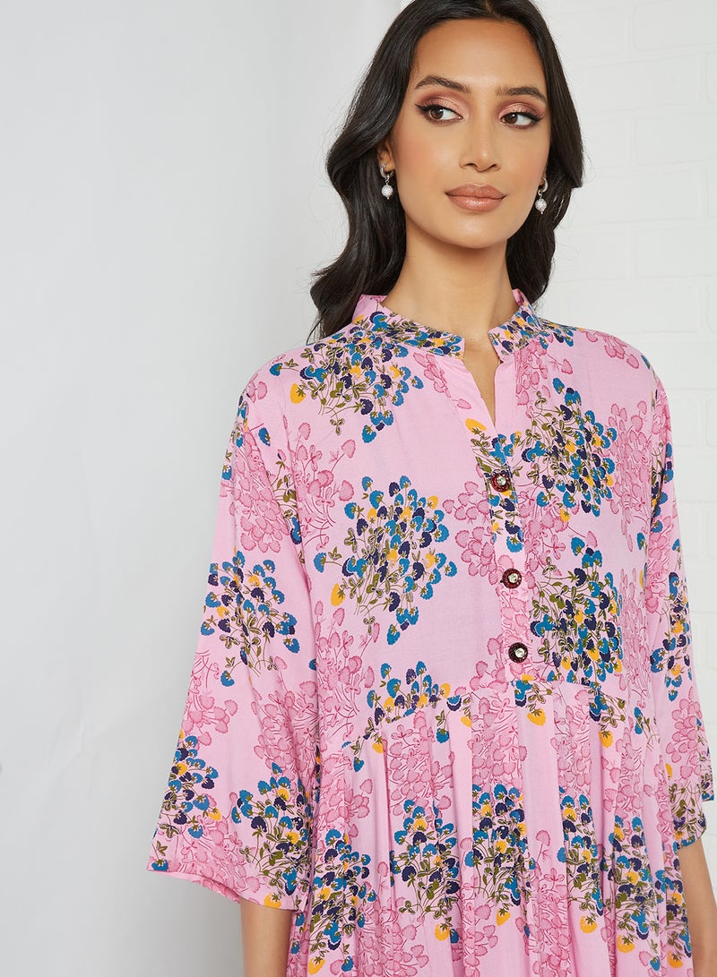HANA & SARA - Floral Printed Three-Quarter Sleeves Mandarian Neck Midi Jalabiya Multicolour - Image 1