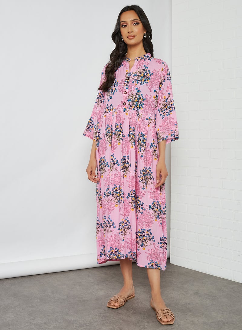 HANA & SARA - Floral Printed Three-Quarter Sleeves Mandarian Neck Midi Jalabiya Multicolour - Image 1