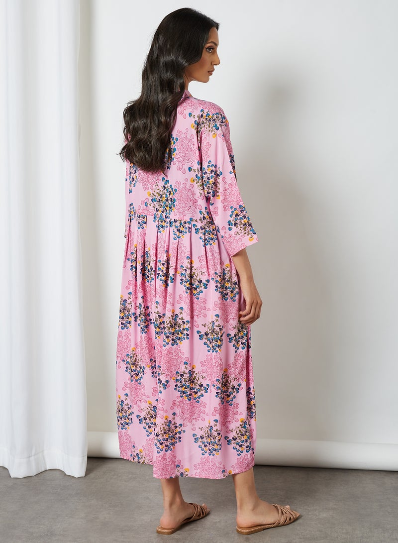 HANA & SARA - Floral Printed Three-Quarter Sleeves Mandarian Neck Midi Jalabiya Multicolour - Image 1