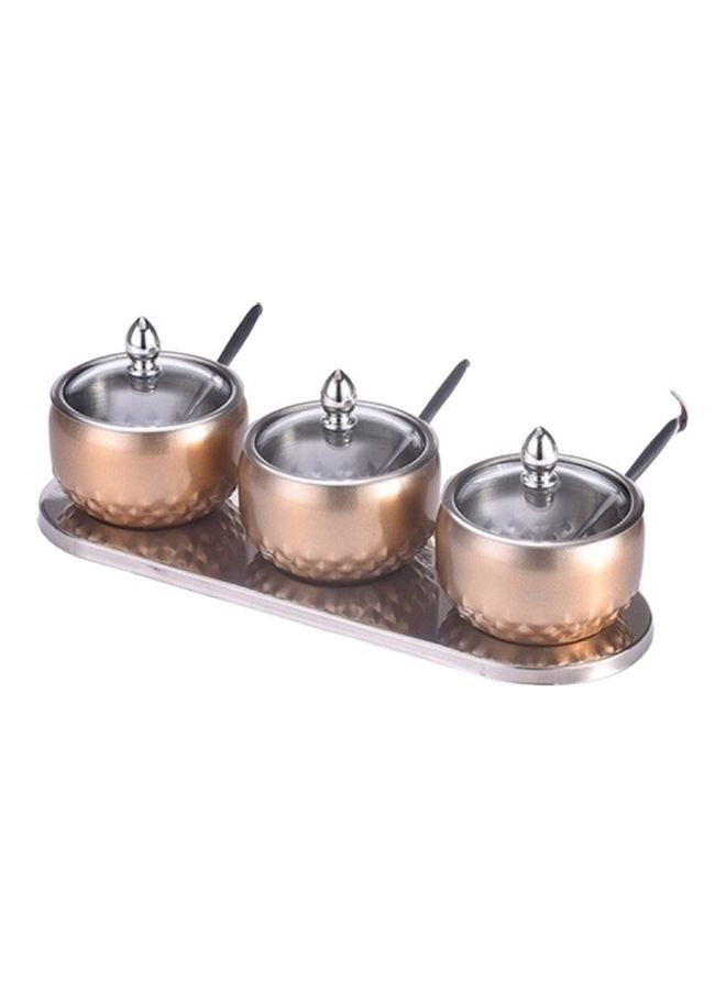 3 in 1 Creative Stainless Steel Seasoning Jar with Glass Lid and Spoon Set Gold 30 x 12 x 10cm - Image 2