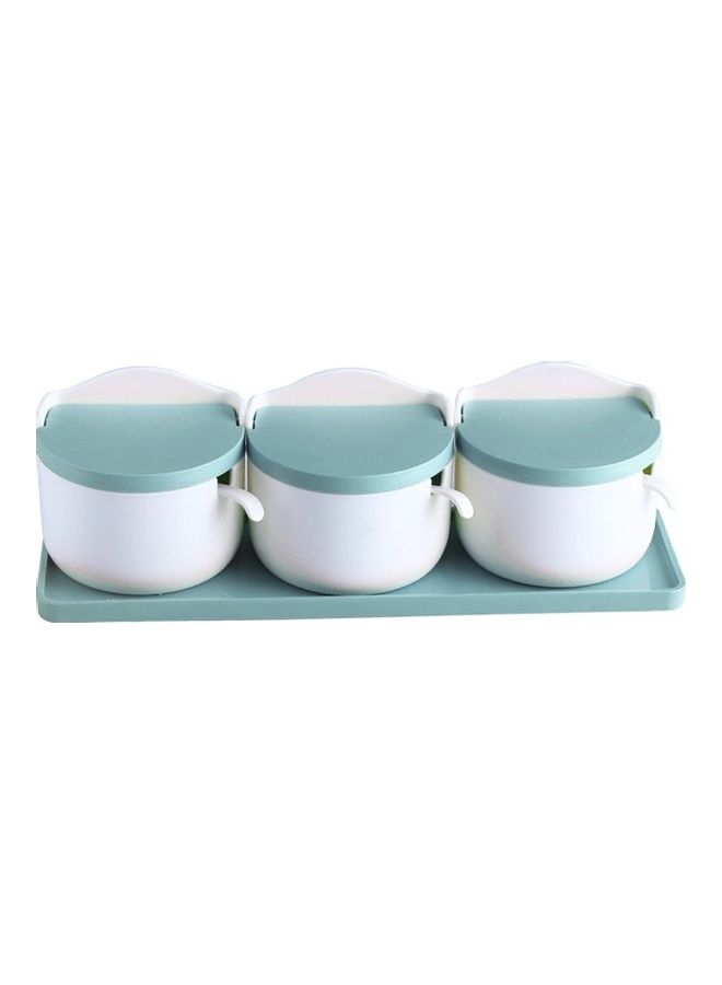 3-Piece Moisture-proof Spice Box Set with Spoon and Tray Green/White 10 x 34 x 10cm  - Image 1