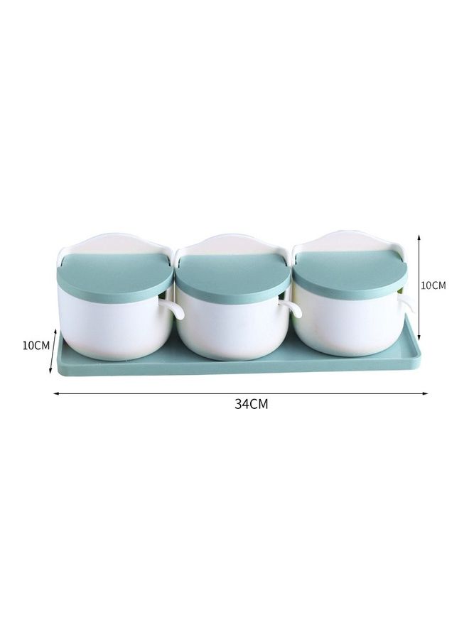 3-Piece Moisture-proof Spice Box Set with Spoon and Tray Green/White 10 x 34 x 10cm  - Image 2