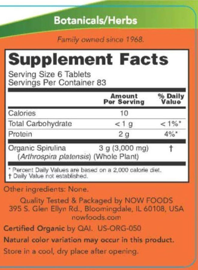 Now Foods - Certified Organic Spirulina - 500 Tablets - Image 1