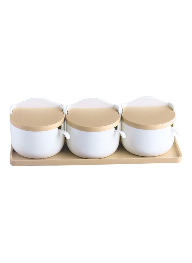 3-Piece Moisture-proof Spice Box Set with Spoon and Tray Beige/White 10 x 34 x 10cm  - Image 1
