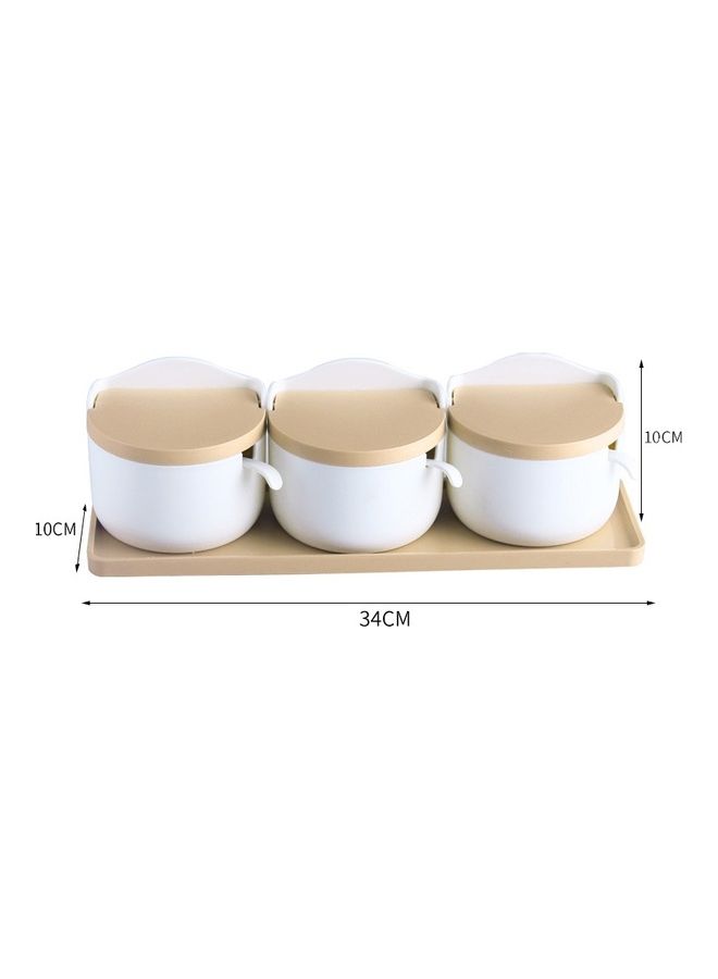 3-Piece Moisture-proof Spice Box Set with Spoon and Tray Beige/White 10 x 34 x 10cm  - Image 2
