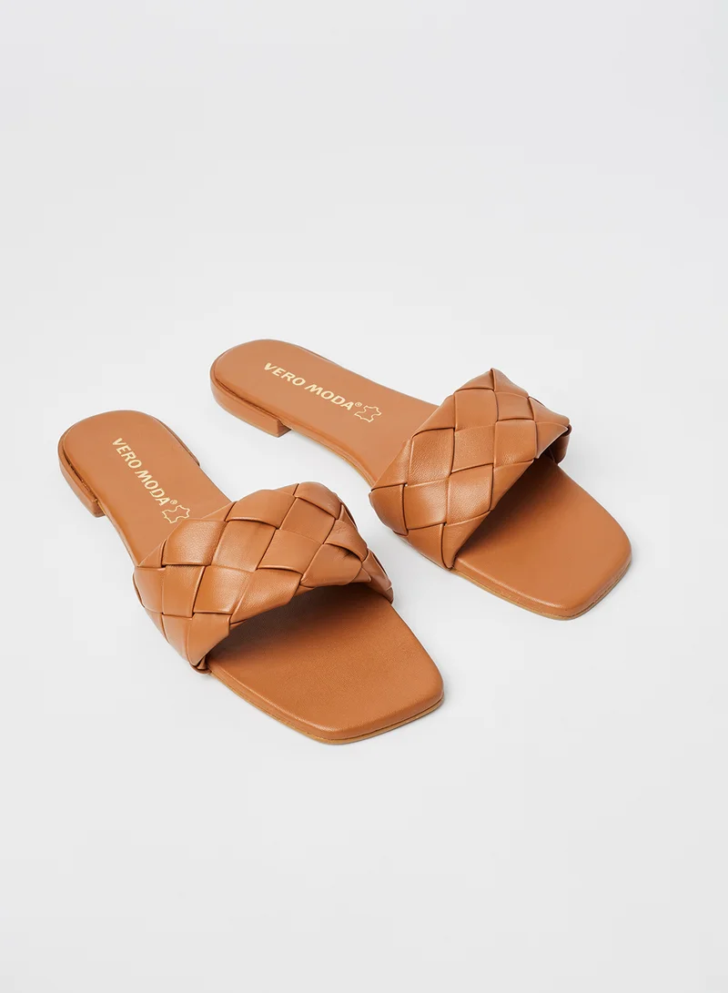 VERO MODA Leather Flat Sandals Brown