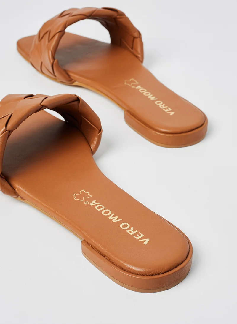 VERO MODA Leather Flat Sandals Brown