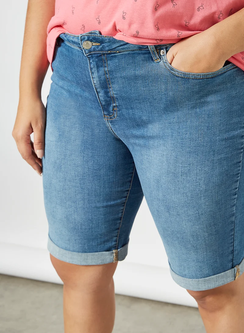 Violeta By Mango Plus Size Slim Fit Denim Shorts Blue