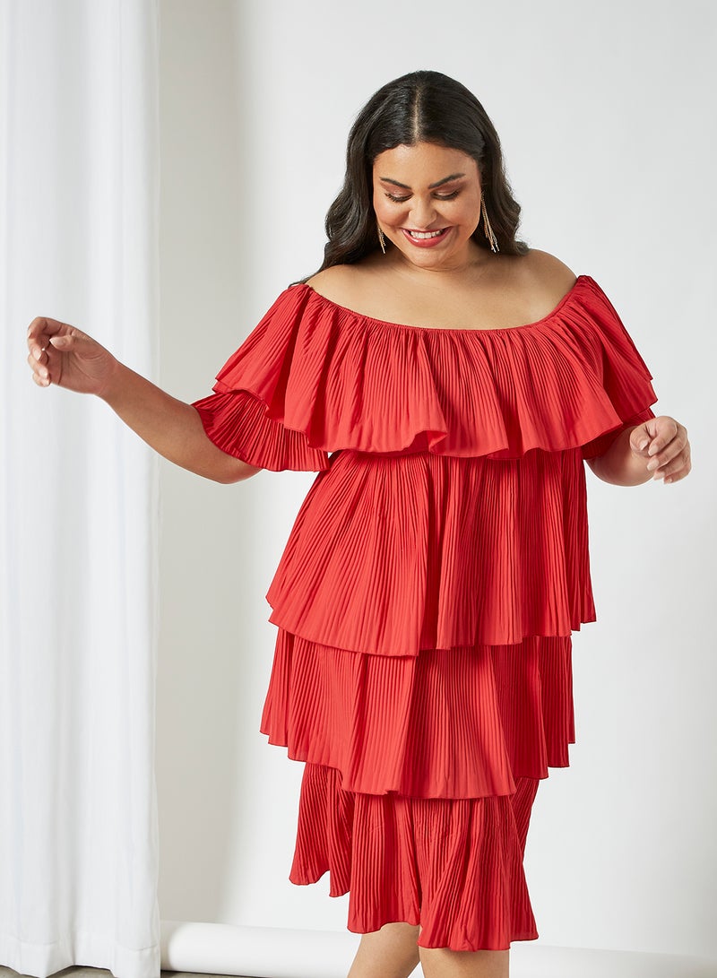 Violeta By Mango Plus Size Layered Ruffle Dress Red  - Image 1