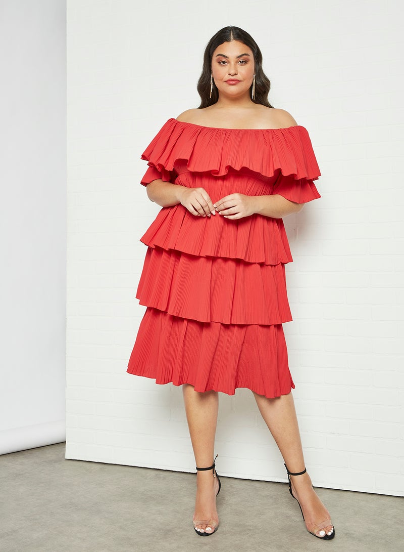 Violeta By Mango Plus Size Layered Ruffle Dress Red  - Image 3