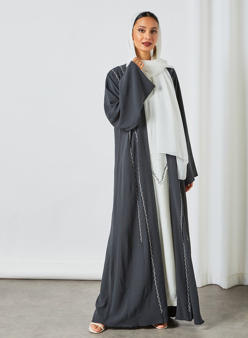 Bousni Comfortable Stylish Abaya Grey/White  - Image 3