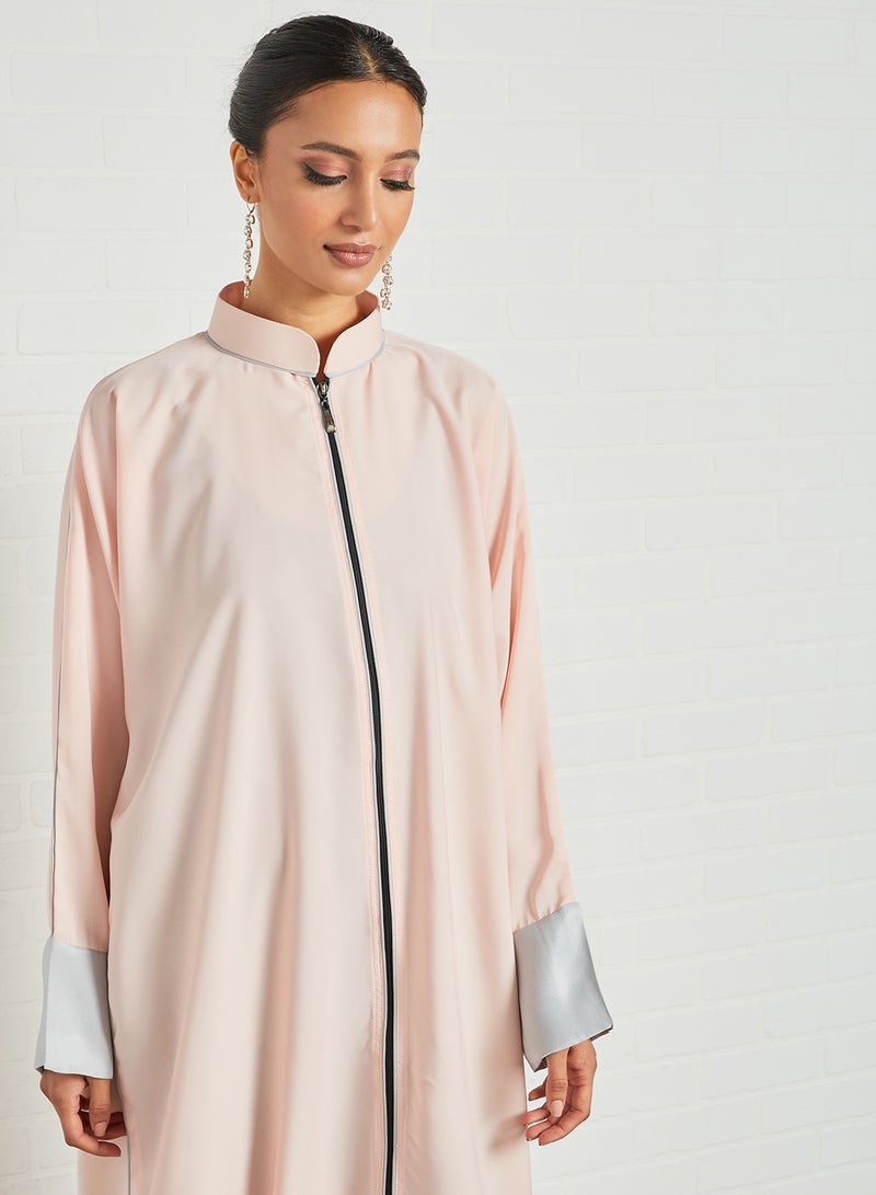 SIVVI for HANIYA Contrast Piping Zipper Abaya Light Pink  - Image 2