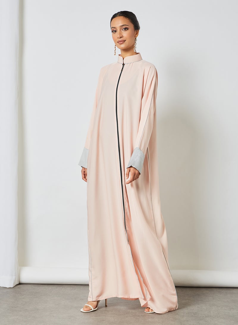 SIVVI for HANIYA Contrast Piping Zipper Abaya Light Pink  - Image 3