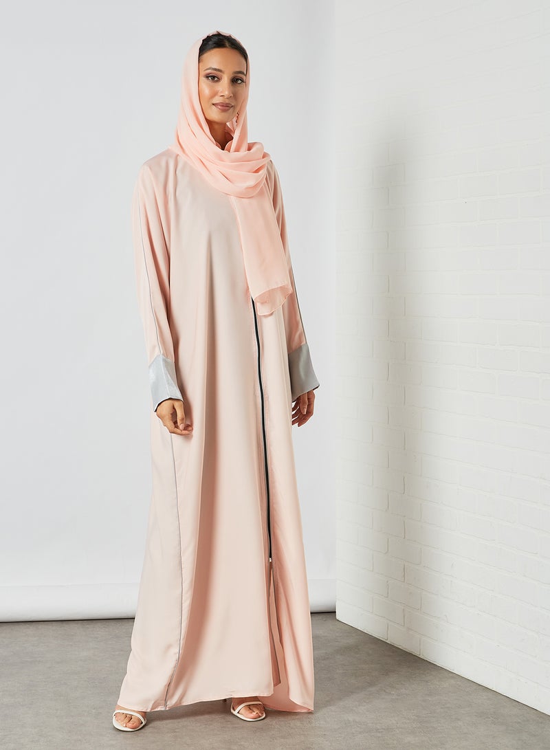 SIVVI for HANIYA Contrast Piping Zipper Abaya Light Pink  - Image 1
