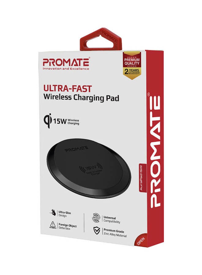 PROMATE - Ultra-Slim 15W Fast Wireless Charging Pad For iPhone 12/12 Pro Max, AirPods Pro, Galaxy S21, Buds Pro, Buds Live, AuraPad15W Black - Image 1