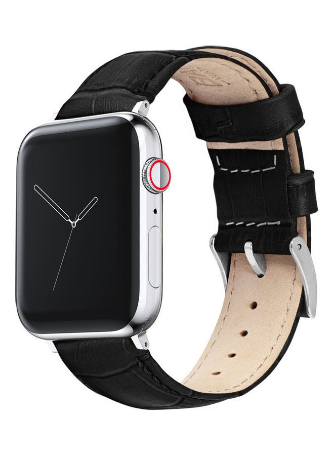 MOCOM - Leather Replacement Band With Buckles For Apple Watch Series 6/SE/5/4/3/2/1 Crocodile Black - Image 1
