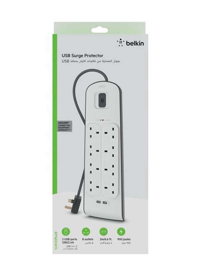 belkin 8-Way Surge Protection Strip With 2 USB Port White 49.8cm  - Image 3
