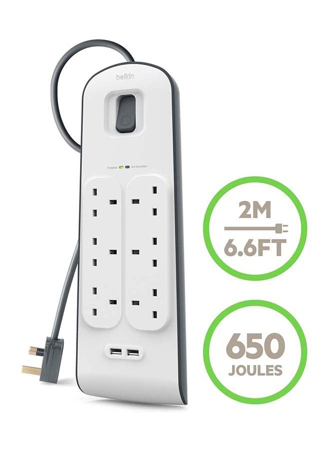 belkin 6-Way Surge Protection Strip With 2 USB Port White 49.2cm  - Image 2