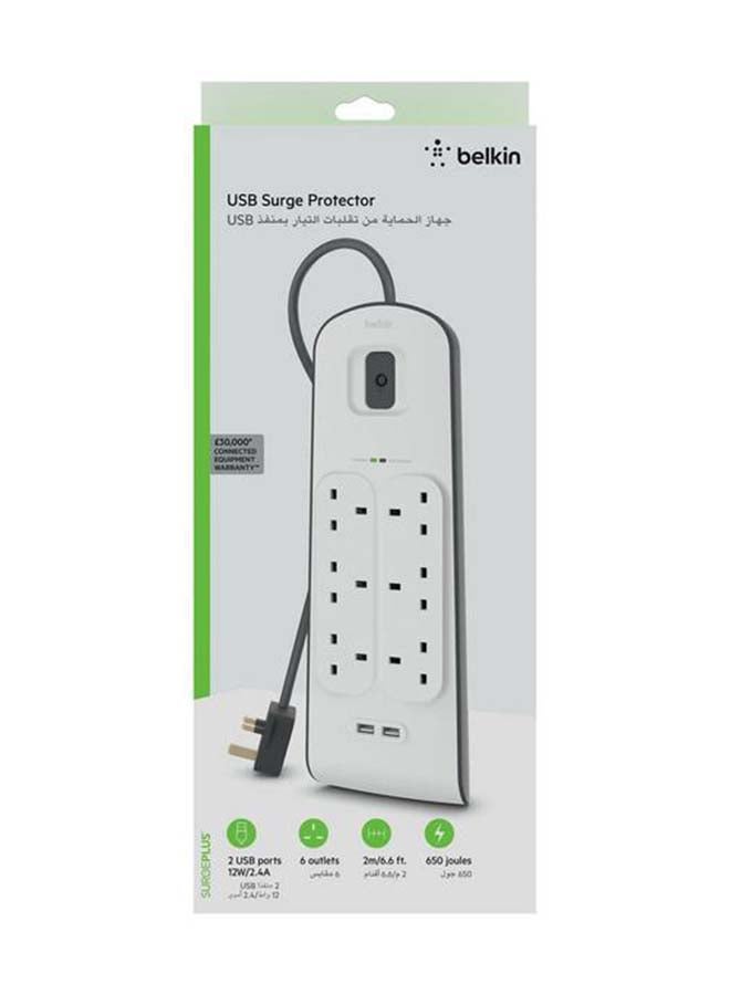 belkin 6-Way Surge Protection Strip With 2 USB Port White 49.2cm  - Image 3