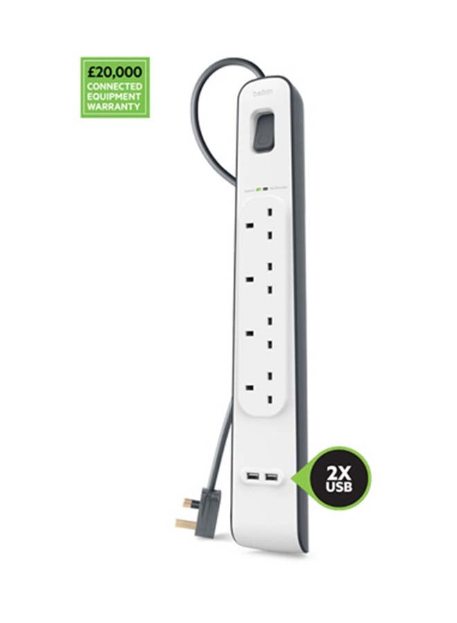belkin 4-Way Surge Protection Strip With 2 USB Port White 19cm  - Image 2