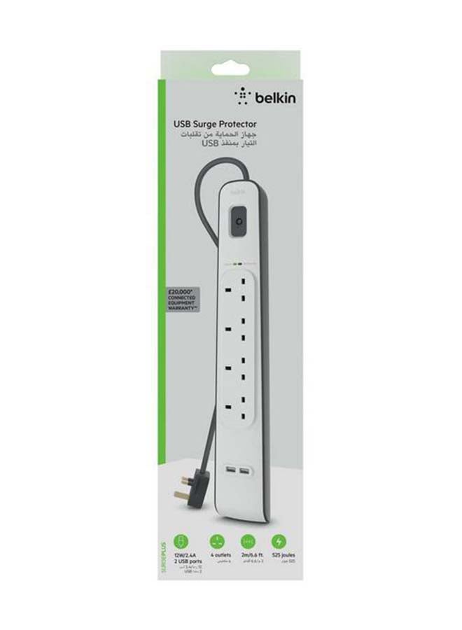 belkin 4-Way Surge Protection Strip With 2 USB Port White 19cm  - Image 3