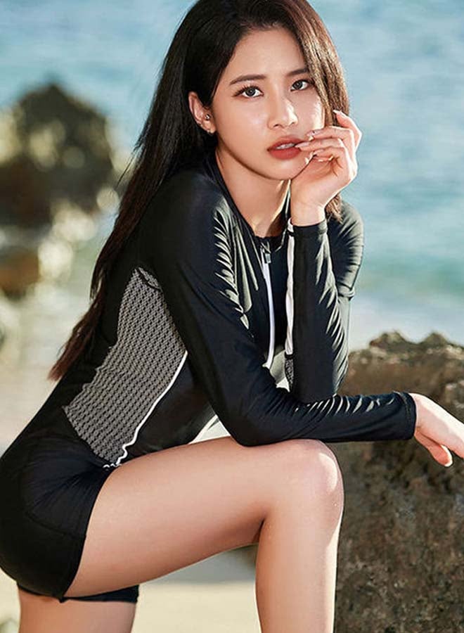 Beauenty Colourblock Pattern Long Sleeve Swimwear One Piece Black/Grey - Image 3
