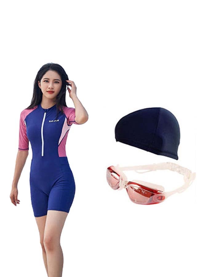 3-Piece Colour Blocked Short Sleeves Swimwear Set Blue/Pink