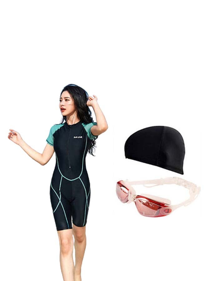 طقم لباس سباحة بأكمام قصيرة بنمط ألوان متعددة مكون من 3 قطع أسود/أخضر