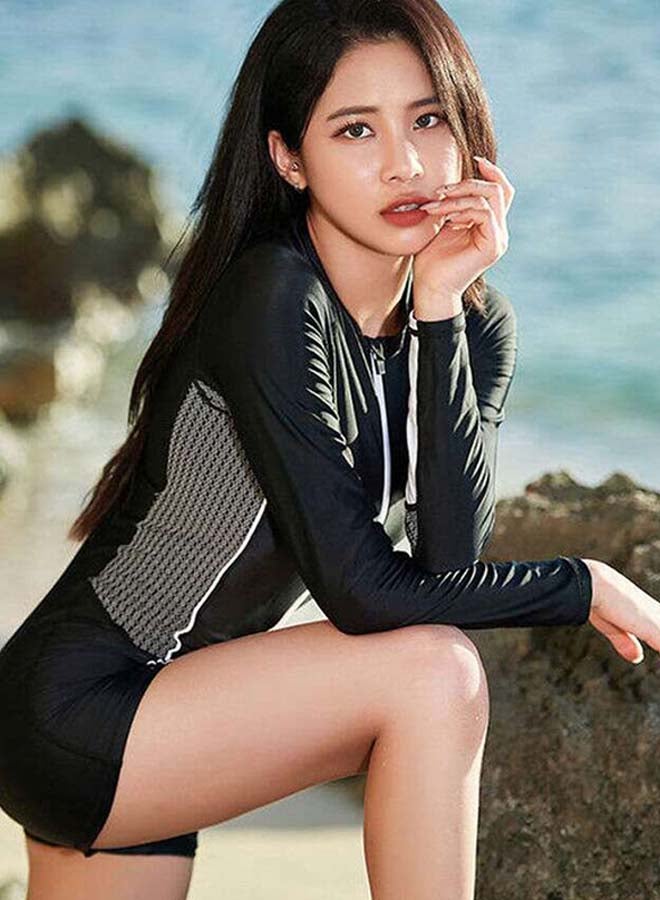 Beauenty Colourblock Pattern Long Sleeve Swimwear One Piece Black/Grey - Image 3