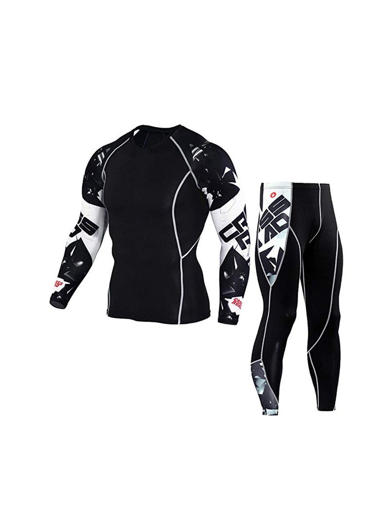 2-Piece Long Sleeve T-Shirt And Tight Set Black/White Printed  - Image 1