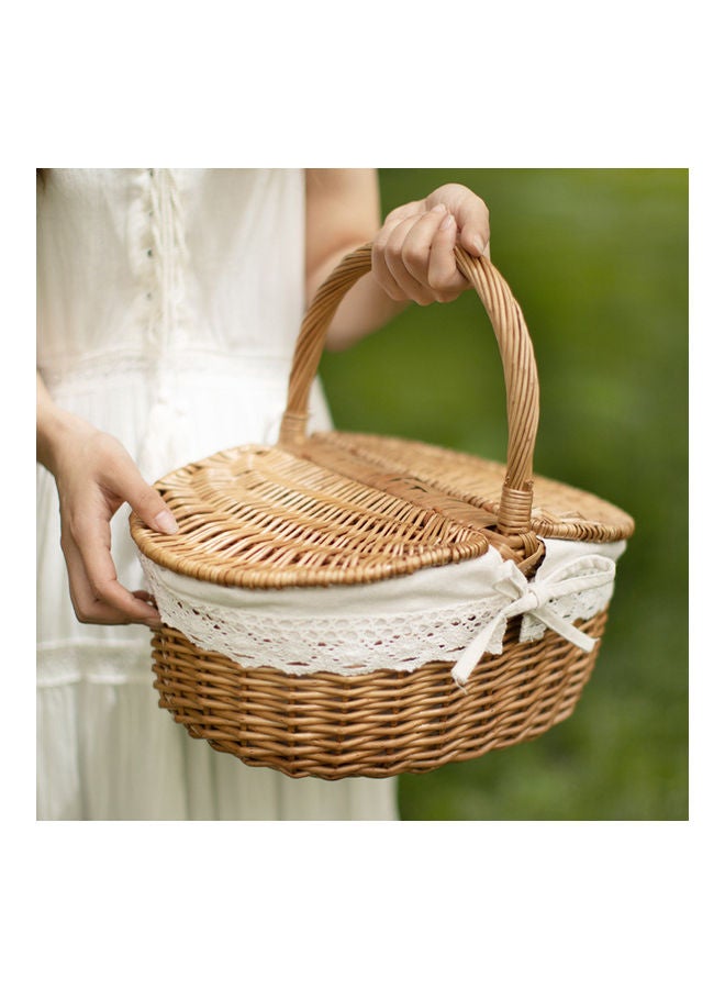 Generic Woven Vintage Picnic Basket With Lid Brown/White 38x28x20cm  - Image 2