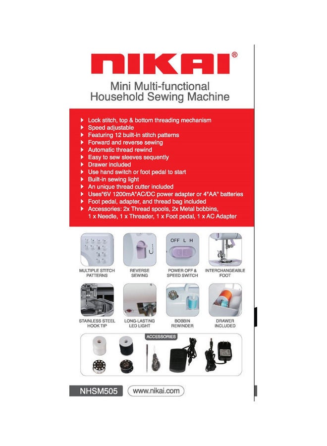 NIKAI - Mini Multi-Function Household Sewing Machine Built In Stitch Patterns NHSM505 White - Image 1