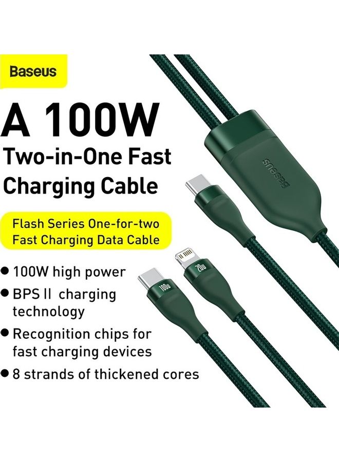 Baseus - 100W Fast Charging USB C to C and Lightning, Flash Series USB Data Cable Max 1.2M Compatible for Apple 13 12 11 Series, MacBook, iPad, Xiaomi, Samsung, Huawei and More (2 in 1) Green - Image 1