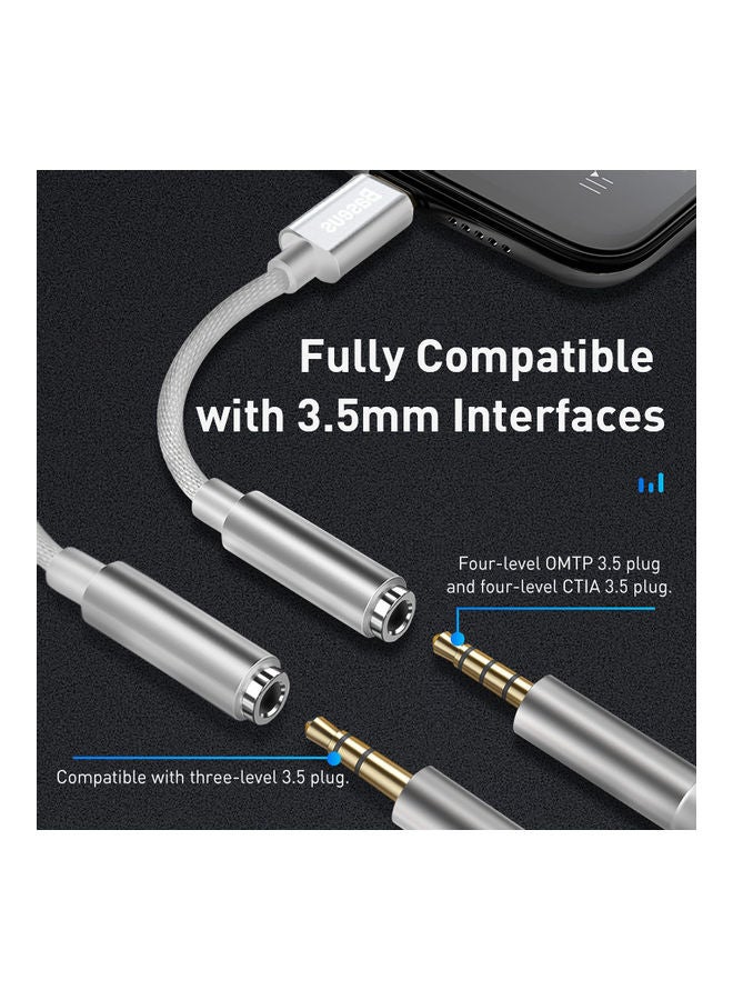 Baseus - Headphones Adapter Lightning to 3.5mm Nylon Braided Audio Headphone Jack Converter Compatible for iPhone 13/13 Mini/13 Pro/ 13 Pro Max, 12 mini/12/12 Pro/12 Pro Max, New iPad 9 Silver - Image 1